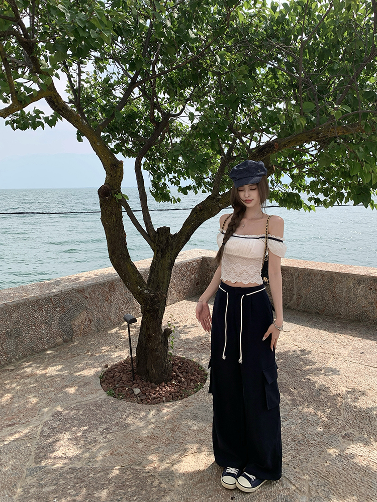 Women’s Summer Lace Splicing One-Shoulder Slim Top - Short Sleeve T-Shirt in White Tea, Sweet Desire Style Women’s Summer Lace Splicing One-Shoulder Slim Top - Short Sleeve T-Shirt in White Tea, Sweet Desire Style