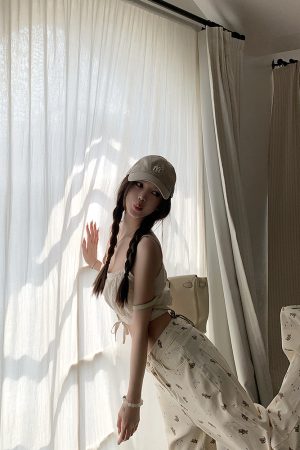 Women's Summer Lazy Bear Print Wide-Leg Jeans - Thin Version, Straight Cut, Y2K Style, Minibear Design