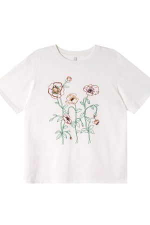 Women's Summer Loose Round Neck T-Shirt with Simple Embroidery Print - Trendy Short Sleeve Casual Top