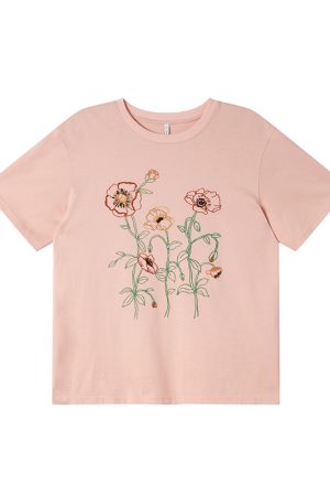 Women's Summer Loose Round Neck T-Shirt with Simple Embroidery Print - Trendy Short Sleeve Casual Top