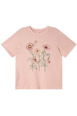 Women's Summer Loose Round Neck T-Shirt with Simple Embroidery Print - Trendy Short Sleeve Casual Top