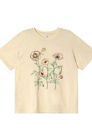 Women's Summer Loose Round Neck T-Shirt with Simple Embroidery Print - Trendy Short Sleeve Casual Top