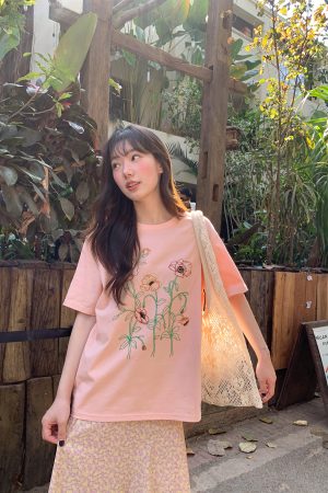 Women's Summer Loose Round Neck T-Shirt with Simple Embroidery Print - Trendy Short Sleeve Casual Top