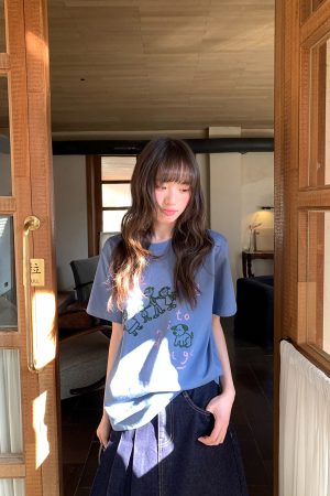 Women's Summer Loose Slim Fit Short Sleeve T-shirt with Original Letter Print and Chain Embroidery - Pure Cotton Casual Top