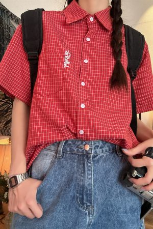 Women's Summer Plaid Short Sleeve Shirt - Loose Versatile Top Jacket, Vintage Style, Trendy Casual Wear