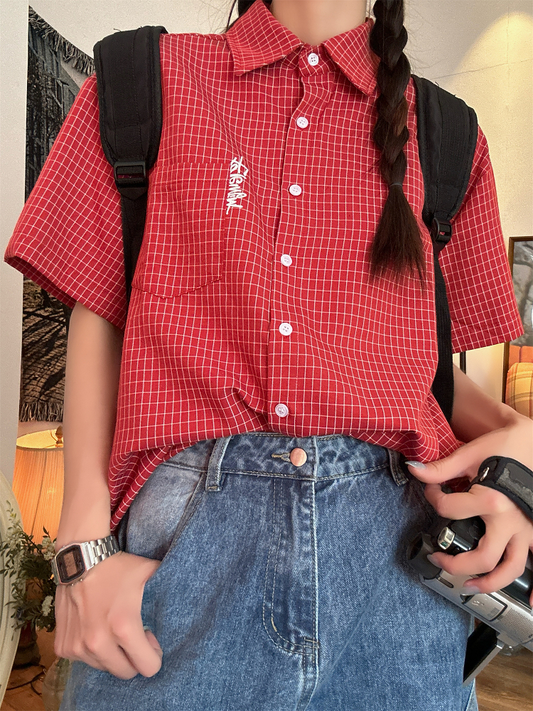 Women's Summer Plaid Short Sleeve Shirt - Loose Versatile Top Jacket, Vintage Style, Trendy Casual Wear Women's Summer Plaid Short Sleeve Shirt - Loose Versatile Top Jacket, Vintage Style, Trendy Casual Wear