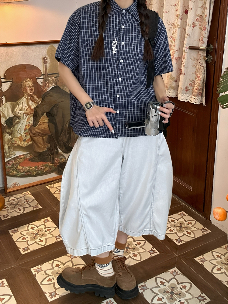 Women's Summer Plaid Short Sleeve Shirt - Loose Versatile Top Jacket, Vintage Style, Trendy Casual Wear Women's Summer Plaid Short Sleeve Shirt - Loose Versatile Top Jacket, Vintage Style, Trendy Casual Wear