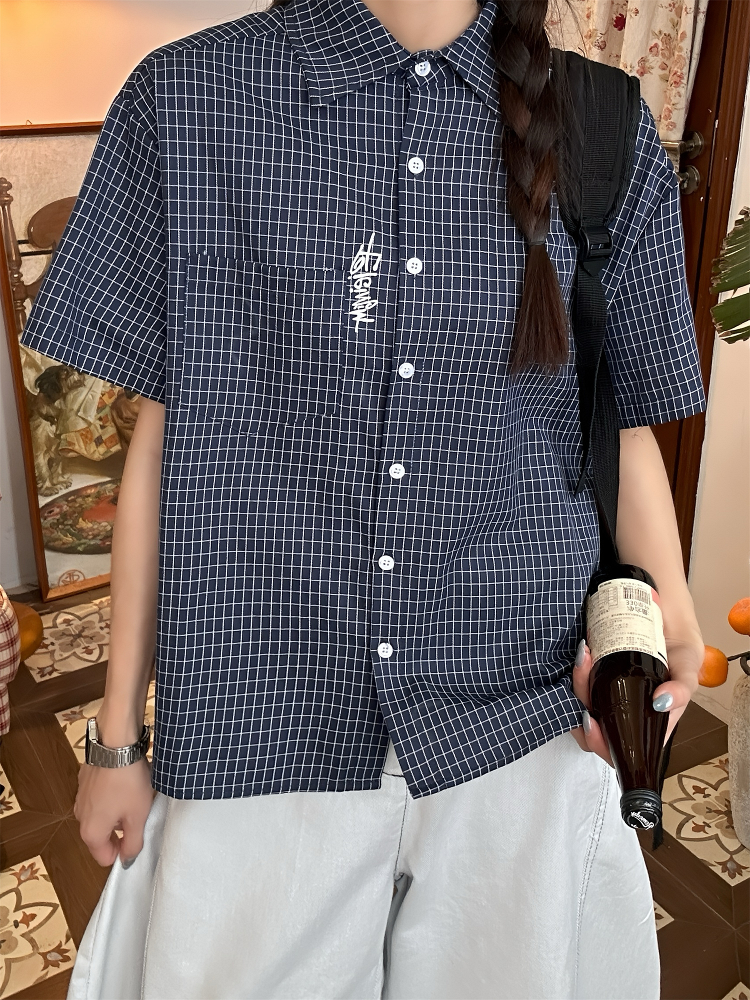 Women's Summer Plaid Short Sleeve Shirt - Loose Versatile Top Jacket, Vintage Style, Trendy Casual Wear Women's Summer Plaid Short Sleeve Shirt - Loose Versatile Top Jacket, Vintage Style, Trendy Casual Wear