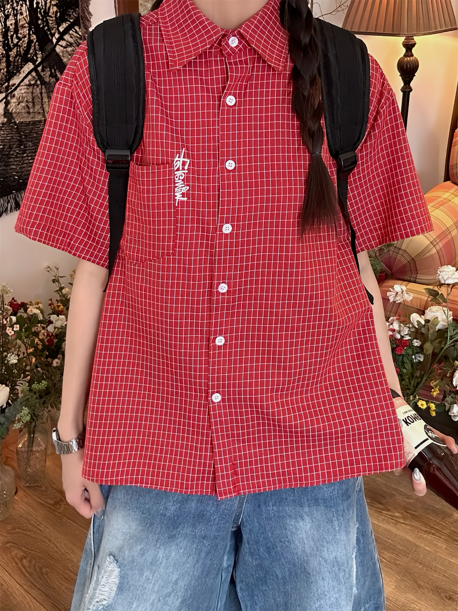 Women's Summer Plaid Short Sleeve Shirt - Loose Versatile Top Jacket, Vintage Style, Trendy Casual Wear Women's Summer Plaid Short Sleeve Shirt - Loose Versatile Top Jacket, Vintage Style, Trendy Casual Wear