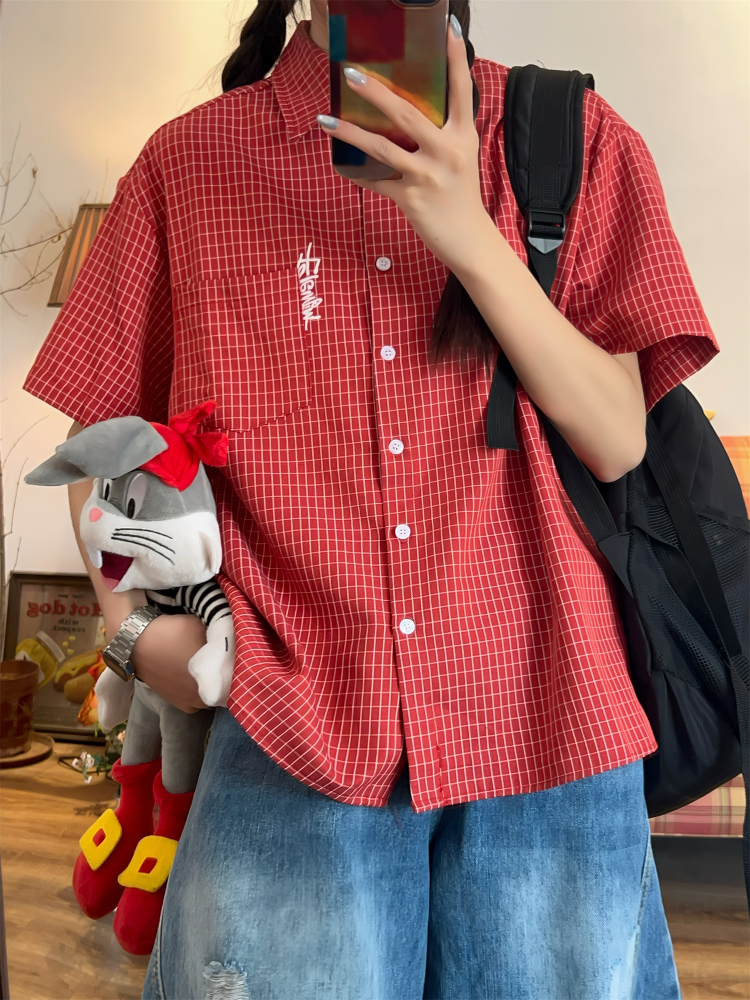 Women's Summer Plaid Short Sleeve Shirt - Loose Versatile Top Jacket, Vintage Style, Trendy Casual Wear Women's Summer Plaid Short Sleeve Shirt - Loose Versatile Top Jacket, Vintage Style, Trendy Casual Wear