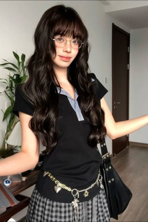 Women's Summer Plaid Splicing Polo Collar Short Sleeve T-Shirt - American Style Slim Fit College Trendy Top