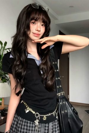 Women's Summer Plaid Splicing Polo Collar Short Sleeve T-Shirt - American Style Slim Fit College Trendy Top