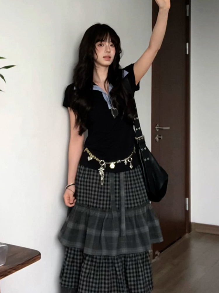 Women's Summer Plaid Splicing Polo Collar Short Sleeve T-Shirt - American Style Slim Fit College Trendy Top Women's Summer Plaid Splicing Polo Collar Short Sleeve T-Shirt - American Style Slim Fit College Trendy Top