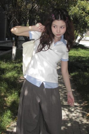 Women's Summer Plaid V-Neck Polo Shirt Two-Piece Outfit - Short Sleeve, Slim Fit College Style Top