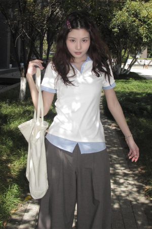 Women's Summer Plaid V-Neck Polo Shirt Two-Piece Outfit - Short Sleeve, Slim Fit College Style Top