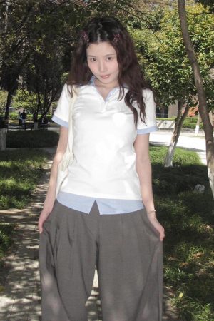 Women's Summer Plaid V-Neck Polo Shirt Two-Piece Outfit - Short Sleeve, Slim Fit College Style Top