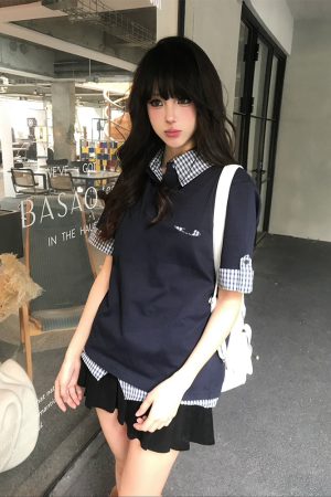 Women's Summer Retro Short-Sleeve Polo Shirt, MIU-Style Plaid Splicing Faux Two-Piece T-Shirt, Slim Fit, Trendy 90s Inspired Top