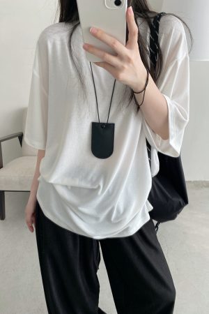 Women's Summer Solid Color Loose Round Neck Short Sleeve T-Shirt - Soft Versatile Sun Grapefruit Top for Casual Style