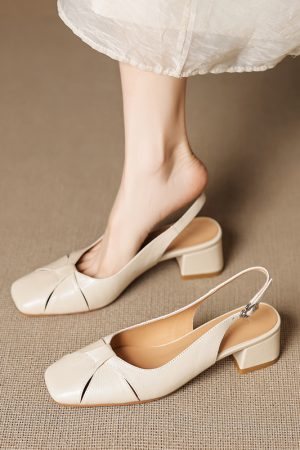 Women's Summer Vintage Chunky High Heel Closed-Toe Sandals - Genuine Leather Woven Hollow-Out Square Toe Design