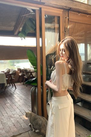 Women's Summer Vintage Embroidered Hollow Top with Spaghetti Straps - French Style, Letter Girl Design, Perfect for Y2K Fashion