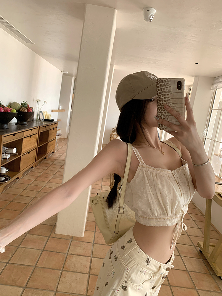 Women's Summer Vintage Embroidered Hollow Top with Spaghetti Straps - French Style, Letter Girl Design, Perfect for Y2K Fashion Women's Summer Vintage Embroidered Hollow Top with Spaghetti Straps - French Style, Letter Girl Design, Perfect for Y2K Fashion