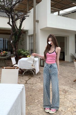 Women's Summer Vintage Laser Burned Floral Diamond Straight Leg Slim Fit Jeans - Trendy Y2K Inspired Denim for Effortless Style