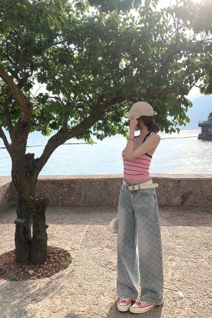 Women's Summer Vintage Laser Burned Floral Diamond Straight Leg Slim Fit Jeans - Trendy Y2K Inspired Denim for Effortless Style