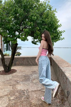 Women's Summer Vintage Laser Burned Floral Diamond Straight Leg Slim Fit Jeans - Trendy Y2K Inspired Denim for Effortless Style