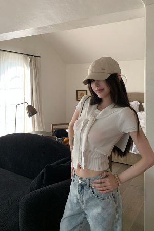 Women's Summer White Short Sleeve T-Shirt and Shawl Knitted Two-Piece Set, Lightweight, Holiday Fresh, Y2K Style