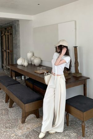 Women's Summer White Short Sleeve T-Shirt and Shawl Knitted Two-Piece Set, Lightweight, Holiday Fresh, Y2K Style