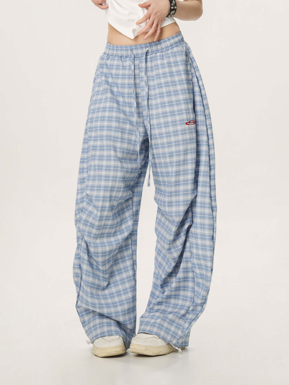 Women's Summer Wide-Leg Plaid Trousers - Casual Blue Sports Pants, Straight Loose Fit, 90s Style, Team Captain Vibes Women's Summer Wide-Leg Plaid Trousers - Casual Blue Sports Pants, Straight Loose Fit, 90s Style, Team Captain Vibes
