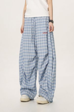 Women's Summer Wide-Leg Plaid Trousers - Casual Blue Sports Pants, Straight Loose Fit, 90s Style, Team Captain Vibes