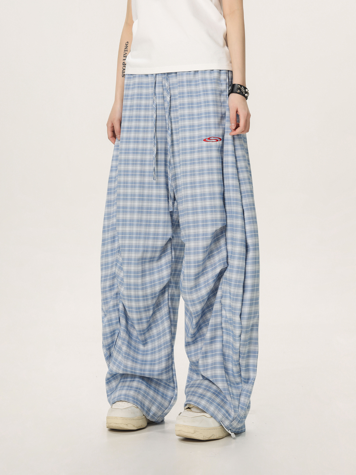 Women's Summer Wide-Leg Plaid Trousers - Casual Blue Sports Pants, Straight Loose Fit, 90s Style, Team Captain Vibes Women's Summer Wide-Leg Plaid Trousers - Casual Blue Sports Pants, Straight Loose Fit, 90s Style, Team Captain Vibes
