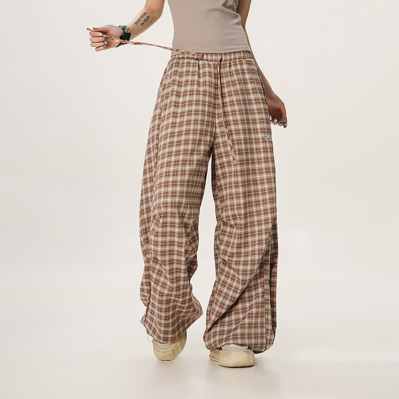 Women's Summer Wide-Leg Plaid Trousers - Casual Blue Sports Pants, Straight Loose Fit, 90s Style, Team Captain Vibes Women's Summer Wide-Leg Plaid Trousers - Casual Blue Sports Pants, Straight Loose Fit, 90s Style, Team Captain Vibes