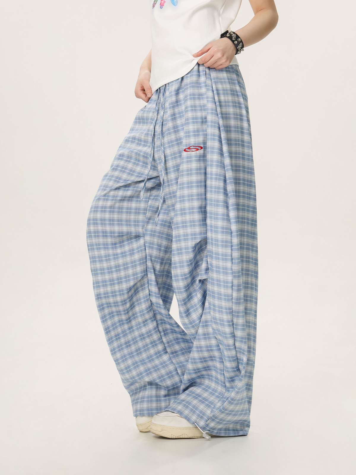 Women's Summer Wide-Leg Plaid Trousers - Casual Blue Sports Pants, Straight Loose Fit, 90s Style, Team Captain Vibes Women's Summer Wide-Leg Plaid Trousers - Casual Blue Sports Pants, Straight Loose Fit, 90s Style, Team Captain Vibes