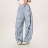 Women's Summer Wide-Leg Plaid Trousers - Casual Blue Sports Pants, Straight Loose Fit, 90s Style, Team Captain Vibes