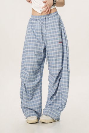 Women's Summer Wide-Leg Plaid Trousers - Casual Blue Sports Pants, Straight Loose Fit, 90s Style, Team Captain Vibes