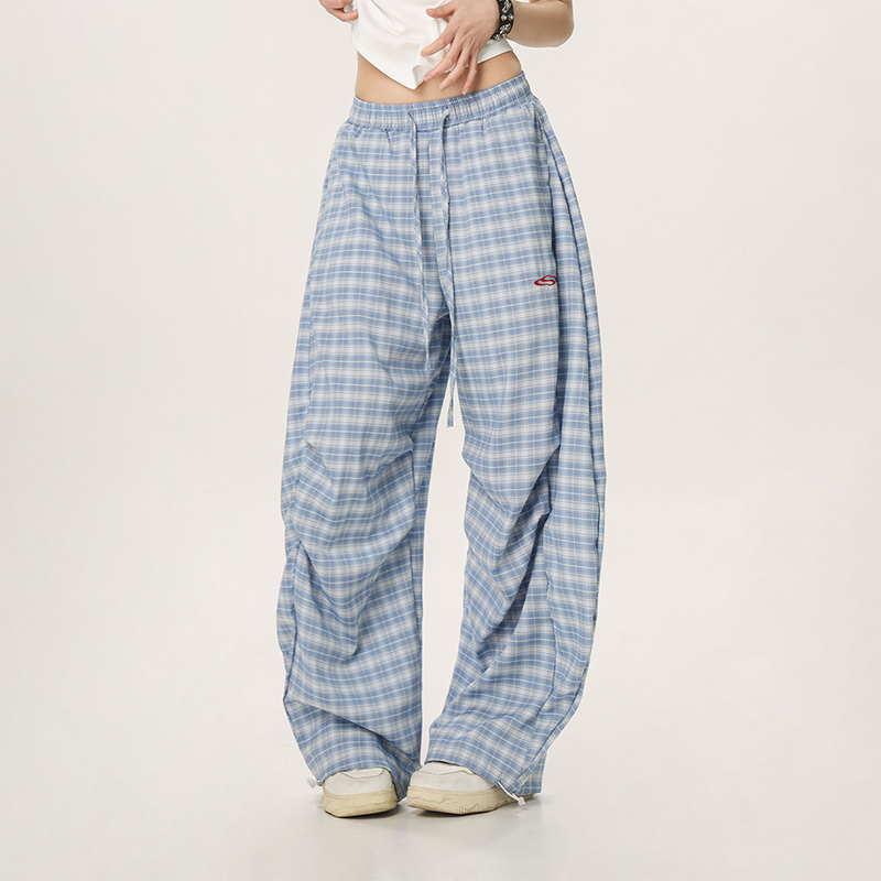 Women's Summer Wide-Leg Plaid Trousers - Casual Blue Sports Pants, Straight Loose Fit, 90s Style, Team Captain Vibes Women's Summer Wide-Leg Plaid Trousers - Casual Blue Sports Pants, Straight Loose Fit, 90s Style, Team Captain Vibes