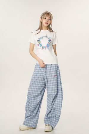 Women's Summer Wide-Leg Plaid Trousers - Casual Blue Sports Pants, Straight Loose Fit, 90s Style, Team Captain Vibes
