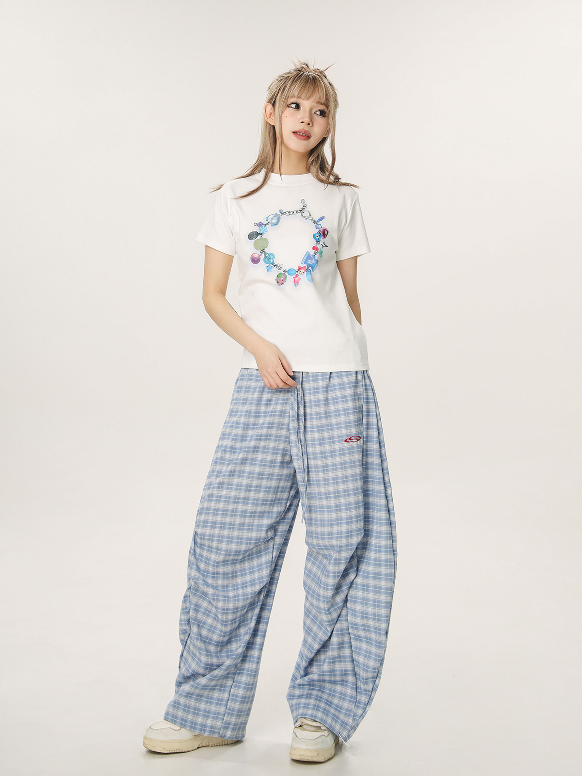 Women's Summer Wide-Leg Plaid Trousers - Casual Blue Sports Pants, Straight Loose Fit, 90s Style, Team Captain Vibes Women's Summer Wide-Leg Plaid Trousers - Casual Blue Sports Pants, Straight Loose Fit, 90s Style, Team Captain Vibes