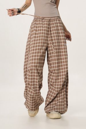 Women's Summer Wide-Leg Plaid Trousers - Casual Blue Sports Pants, Straight Loose Fit, 90s Style, Team Captain Vibes