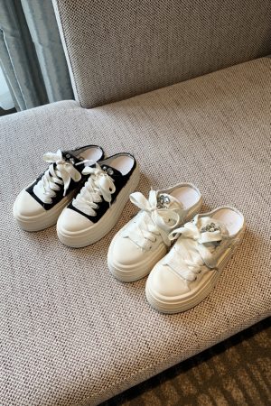 Women's Thick-Soled Lace-Up Canvas Slippers - Versatile Casual Half-Drag Sandals for Spring 2025 Fashion