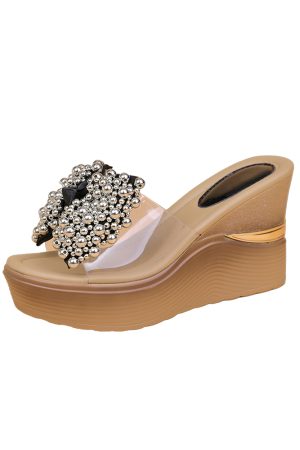 Women's Trendy Rhinestone One-Strap High-Heeled Wedge Sandals - 2025 Summer Waterproof Thick-Soled Fashion Shoes