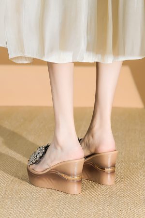 Women's Trendy Rhinestone One-Strap High-Heeled Wedge Sandals - 2025 Summer Waterproof Thick-Soled Fashion Shoes