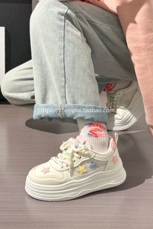 Women's Trendy Thick-Soled White Sneakers for Summer - Breathable Big Toe Shoes for Casual Style