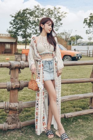 Women's Vacation-Style Loose Long Printed Sun Protection Coat Beach Cover-Up Swimsuit Outerwear Cardigan