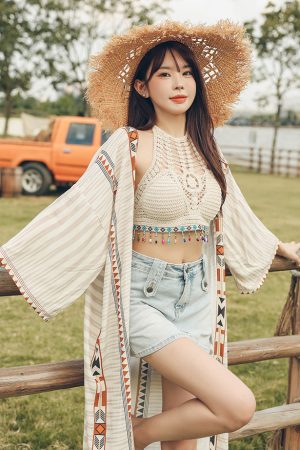 Women's Vacation-Style Loose Long Printed Sun Protection Coat Beach Cover-Up Swimsuit Outerwear Cardigan