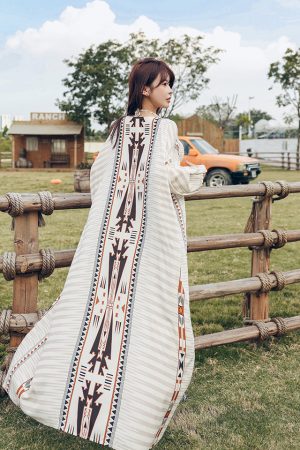 Women's Vacation-Style Loose Long Printed Sun Protection Coat Beach Cover-Up Swimsuit Outerwear Cardigan
