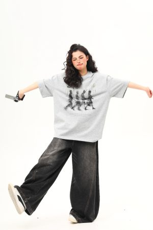 Womenâ€™s Vintage Blurry Portrait Print Short Sleeve T-Shirt - Summer Round Neck Loose Fit Couples Tee - 90s Inspired Fashion