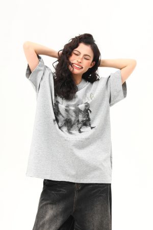 Womenâ€™s Vintage Blurry Portrait Print Short Sleeve T-Shirt - Summer Round Neck Loose Fit Couples Tee - 90s Inspired Fashion